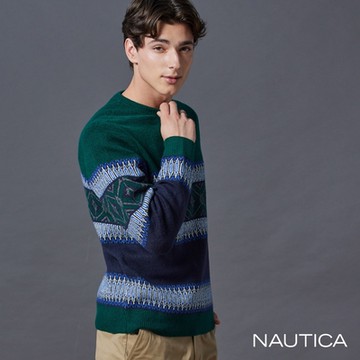 NAUTICA 男裝 多彩圖騰長袖針織衫-綠色