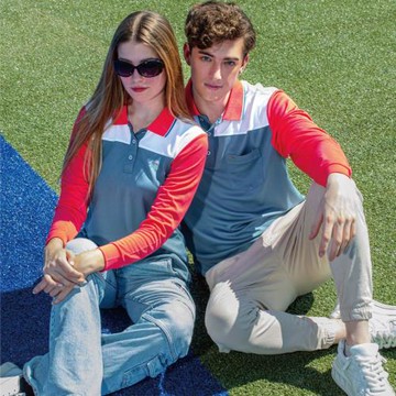 【Per GIBO】男版拼接菱眼布長POLO衫(PT232928灰/白/猩紅)