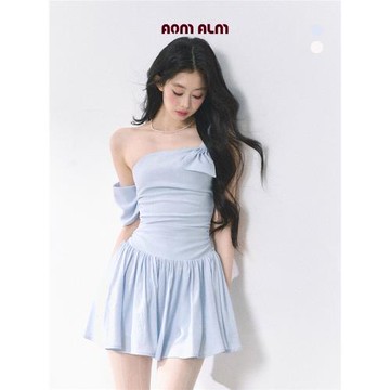 云紗黎霧#*高級感法式露肩連衣裙女夏季收腰顯瘦藍色短裙