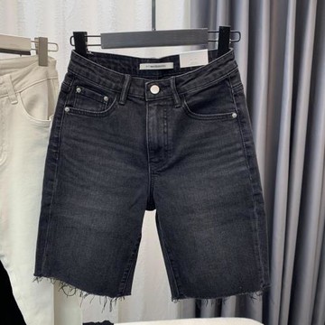 胖mm大碼黑色彈力高腰牛仔中褲女顯瘦百搭騎行褲毛邊五分褲女短褲