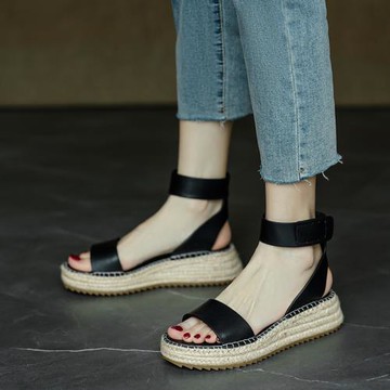 手工真皮~巨顯高~法式復古松糕厚底一字帶露趾涼鞋女夏季羅馬女鞋