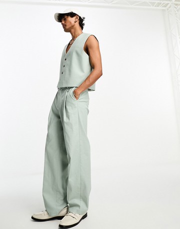 ASOS DESIGN linen mix cropped wide leg suit trouser in sage-Green