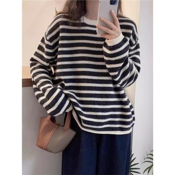 港式慵懶風內搭羊絨針織衫女今年流行爆款撞色條紋圓領打底衫上衣