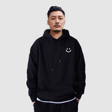 倉石一樹黑色連帽衛衣男2024秋冬季加絨美式潮牌純棉笑臉印花外套