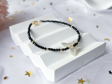 【蝶夜】天然白貝母蝴蝶 黑尖晶 14K包金設計款手鍊