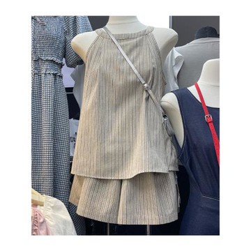 法式氣質卡其色條紋無袖背心女夏季套裝十三行新款闊腿短褲兩件套