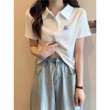 白色正肩Polo衫短袖T恤女常規修身翻領上衣純棉百搭小眾設計感