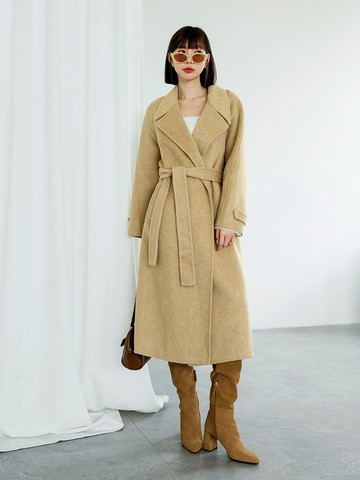 素色保暖羊毛翻領長版大衣外套