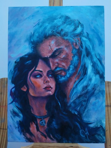 油畫。幻想。巫師。傑洛特和葉奈法。藝術。