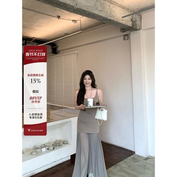 (免運)野生辣辣 美神降臨 Jennie同款高質吊帶背心透感薄網紗大碼連衣裙