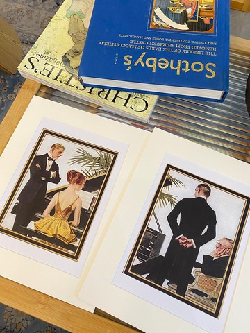 本店獨立印製美國20世紀初VINTAGE神士美女鋼琴演奏精美插畫一對