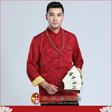 男士雙面唐裝外套書卷氣質隱花軟緞 兩面都可穿百搭長袖上衣｜紅配金｜水水女人國