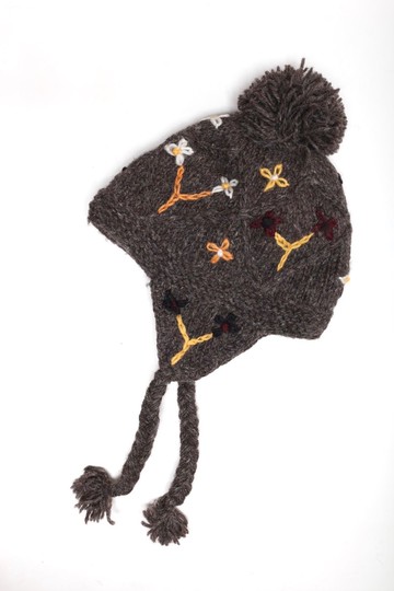 童/成人黑灰立體小花刺繡純羊毛球護耳帽手工編織防風內襯毛帽子