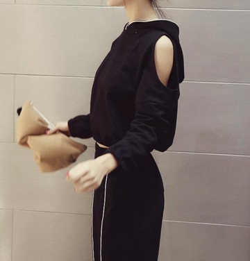 FINDSENSE MD 時尚 女 潮 休閒 寬鬆 連帽露肩 小襯衫外套 運動長褲 運動外套 套裝 上衣+褲子