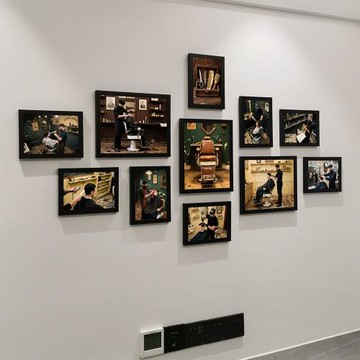 新款美發店免打孔裝飾背景墻理發店掛畫墻發廊組合相框照片墻歐美
