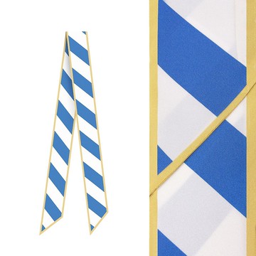 retar 海軍藍條紋緞帶式長條絲巾法式復古髮帶腰帶桑蠶絲真絲圍巾