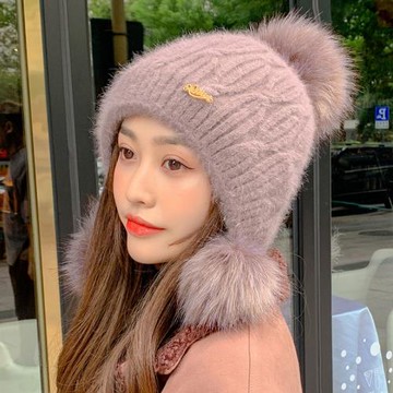 帽子女秋冬韓版保暖針織毛線帽加絨三毛球護耳護頸加厚毛絨包頭帽