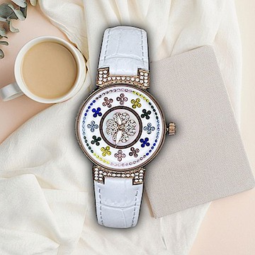 Folli Follie 30毫米 幸運草 精鑲彩色水晶錶面 鱷魚壓紋真皮腕錶(玫瑰金x白 FF230422)