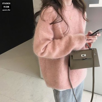 浣熊毛毛衣女秋冬新款慵懶小眾粉色內搭打底針織衫加厚軟糯羊絨衫