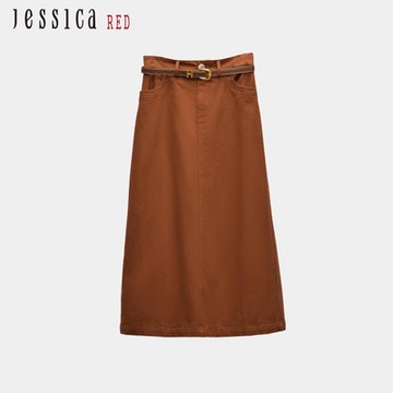 JESSICA RED - 百搭簡約皮帶造型素色棉質牛仔中長裙（黃咖）R44104