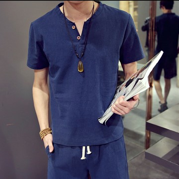 純粹日系亞麻短袖上衣 / 舒適涼爽 / 簡約雙扣 / 下擺開叉 / 六色 / M到5XL【QTJT202】