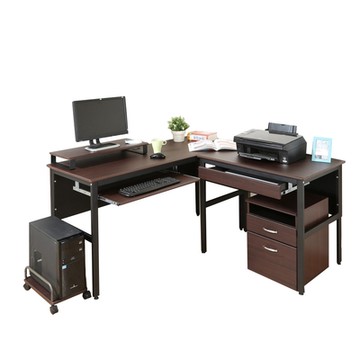頂楓大L型工作桌+1抽屜1鍵盤+主機架+桌上架+活動櫃150*150*76