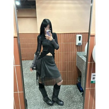 拼接雙層格紋綁帶格子半身裙