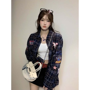 免運🌞港味高街設計感印花格子襯衫 寬鬆長袖春秋季薄款上衣外套 潮牌ins 美式復古學院風襯衫 Chic寬鬆格子外套