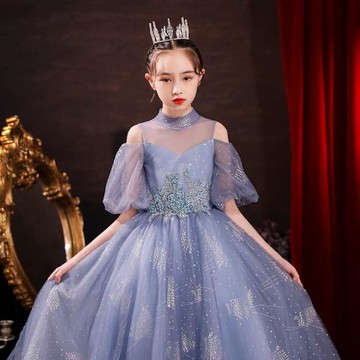 兒童禮服公主裙高端輕奢小眾長款藍色生日小主持鋼琴演奏禮服女童
