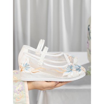 老北京繡花鞋中國風內增高網紗漢服鞋透氣布鞋扣單鞋女夏季旗袍鞋