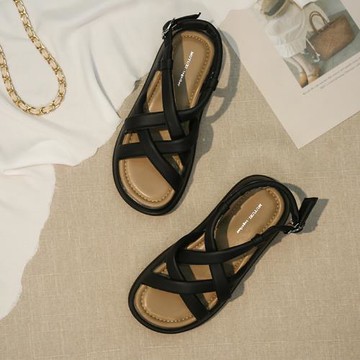 黑色涼鞋女夏季透氣2023新款交叉帶休閑厚底松糕面包鞋羅馬配裙鞋