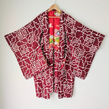 Japanese Vintage Haori 羽織 正絹 深胭脂紅 抽象圖紋 唐子 古布 時代布 孤品 大正浪漫 和洋混搭