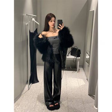 不冷BULENG（原cchun純子）  高腰直筒 顯瘦黑色皮褲女寬松闊腿褲