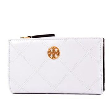 TORY BURCH Willa 菱格紋雙釦對開長夾-白色