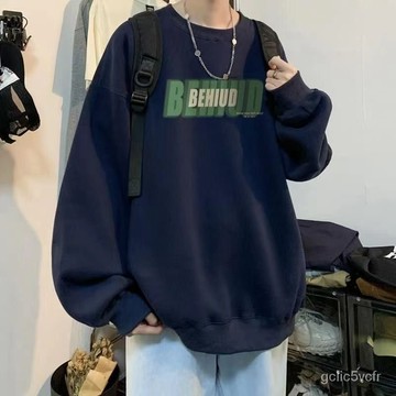 藏青色美式衛衣無帽春秋薄款青少複古潮流港風寬鬆帥氣圓領外套 男生複古衛衣 潮牌套頭衛衣 純色衛衣 長袖上衣 ins風