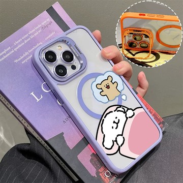 卡通情侶小白磁吸手機殼 金屬鏡頭支架 保護殼 適用於iPhone 17 16 15 14 13 12 11 Max防摔殼