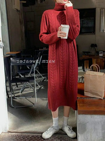 大碼長袖高領麻花小香風針織連衣裙女中長款過膝外穿配大衣的裙子