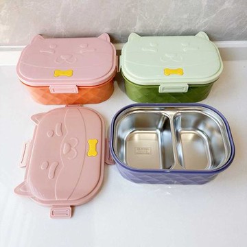 304不銹鋼卡通可愛風小學生飯盒兒童二格便當盒保溫食品級午餐盒