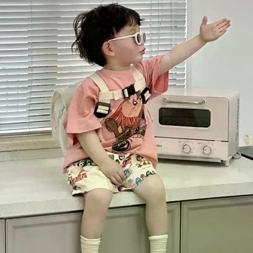 韓範童裝男童洋氣時髦夏裝套裝兒童寬鬆休閒短袖t卹印花寶寶短褲