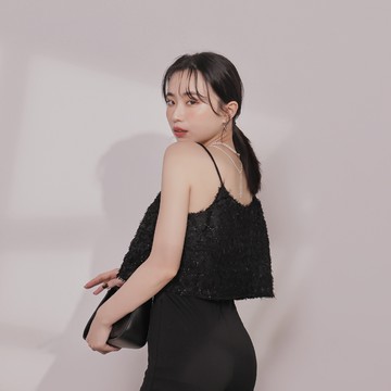 金蔥鬚邊短版背心-黑【KY19168】