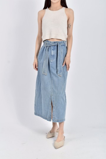 (M) moma丹寧牛仔質感棉質純棉開岔藍色綁帶長裙