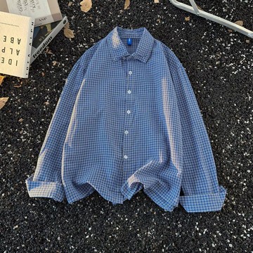 潮牌美式藍色格子長袖襯衫男復古街頭寬鬆上衣男