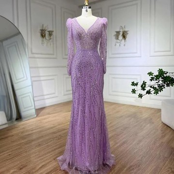 【女神婚紗禮服】高端氣質顯瘦輕奢v領魚尾宴會晚禮服LA71931丁香紫