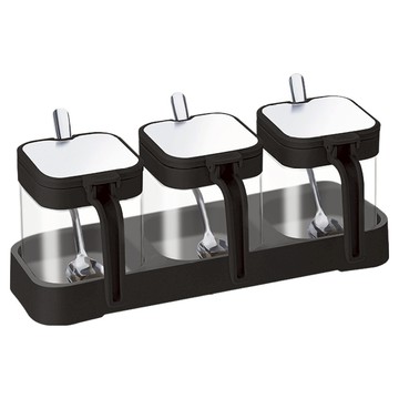 SUNORO 單手開合家用廚房玻璃調料盒3件組 黑色  1組  3個調味罐 + 3支勺子 + 1個底座