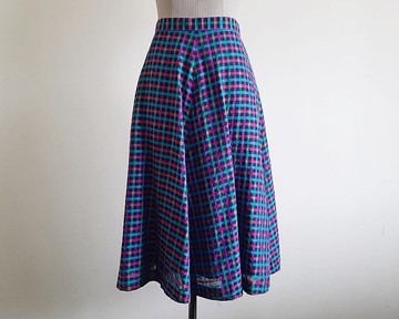 復古藍粉色格紋裙 女款 棉麻 傘裙 中長裙 XS S 25 26