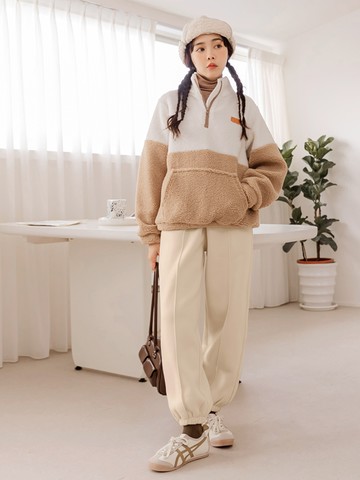 內刷毛打褶立體車線休閒縮口褲