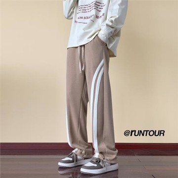 男生褲子春秋新款條紋運動褲美式高街寬松衛褲男士直筒休閑長褲潮