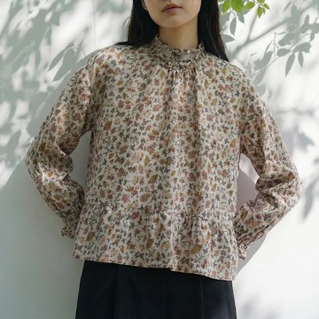 立領荷葉邊碎花雨露麻上衣665691