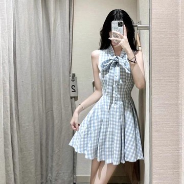 【法式甜美】藍色無袖格子連衣裙 2026新款 蝴蝶結 氣質 百褶短裙 無袖連身裙 短裙 連身裙 蕾絲短裙