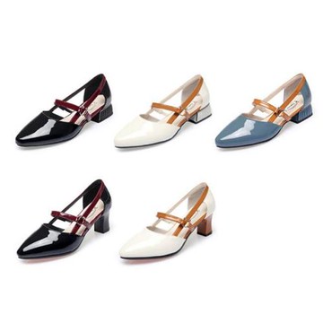 Sp house 時尚潛力撞色尖頭一字扣粗高跟鞋(2款3色可選)